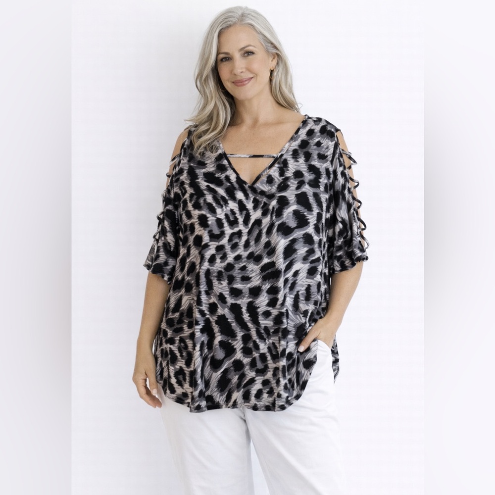 Est 1946 Animal Print Cold Shoulder Blouse Lace Up Sleeve‎ Top Black Gray